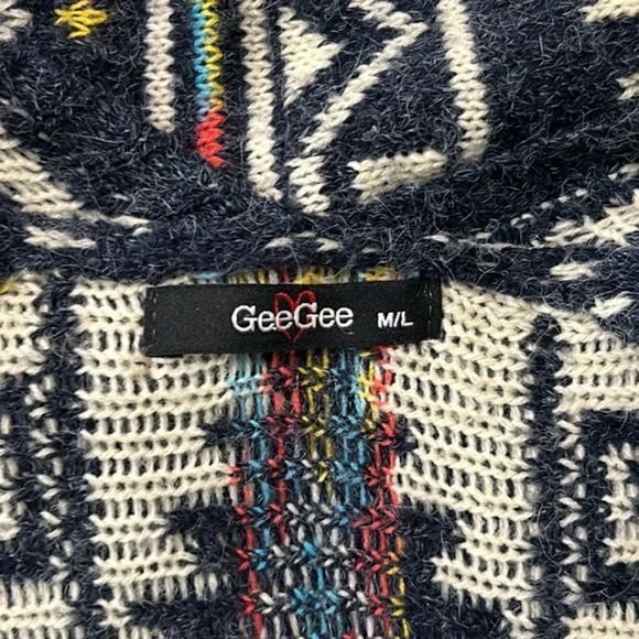 GeeGee Aztec Pattern Long Sleeve Open Front Mid Length Sweater Cardigan M/L - Picture 4 of 11